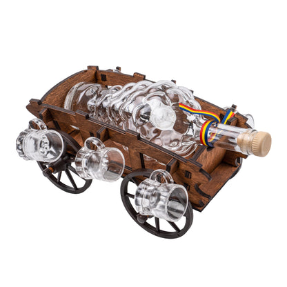 Set 6 pahare Shot cu sticla pe suport, model caruta / 4902