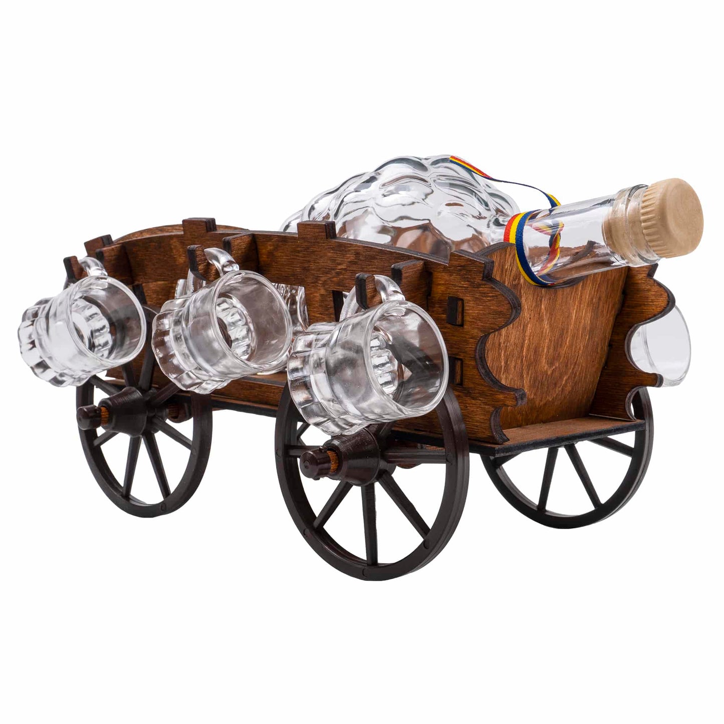 Set 6 pahare Shot cu sticla pe suport, model caruta / 4902