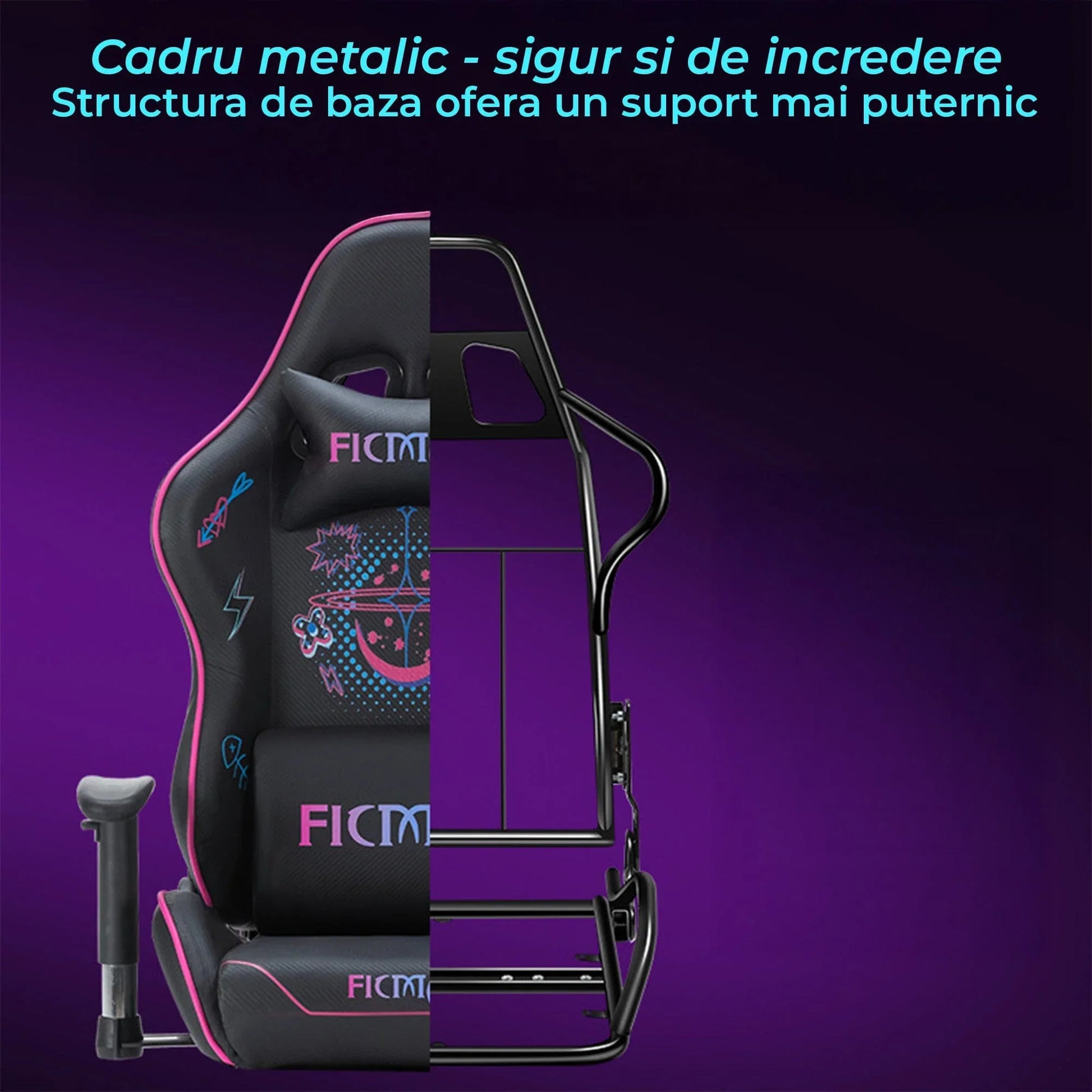 Scaun Gaming Timebox, Reglaj Spatar 160°, Suport Picioare Extensibil, Tetiera si Perna Lombara, Cadrul Metalic Rezistent, Material Premium, Ajustare 3D a Bratelor – Negru/Roz - 221.ro