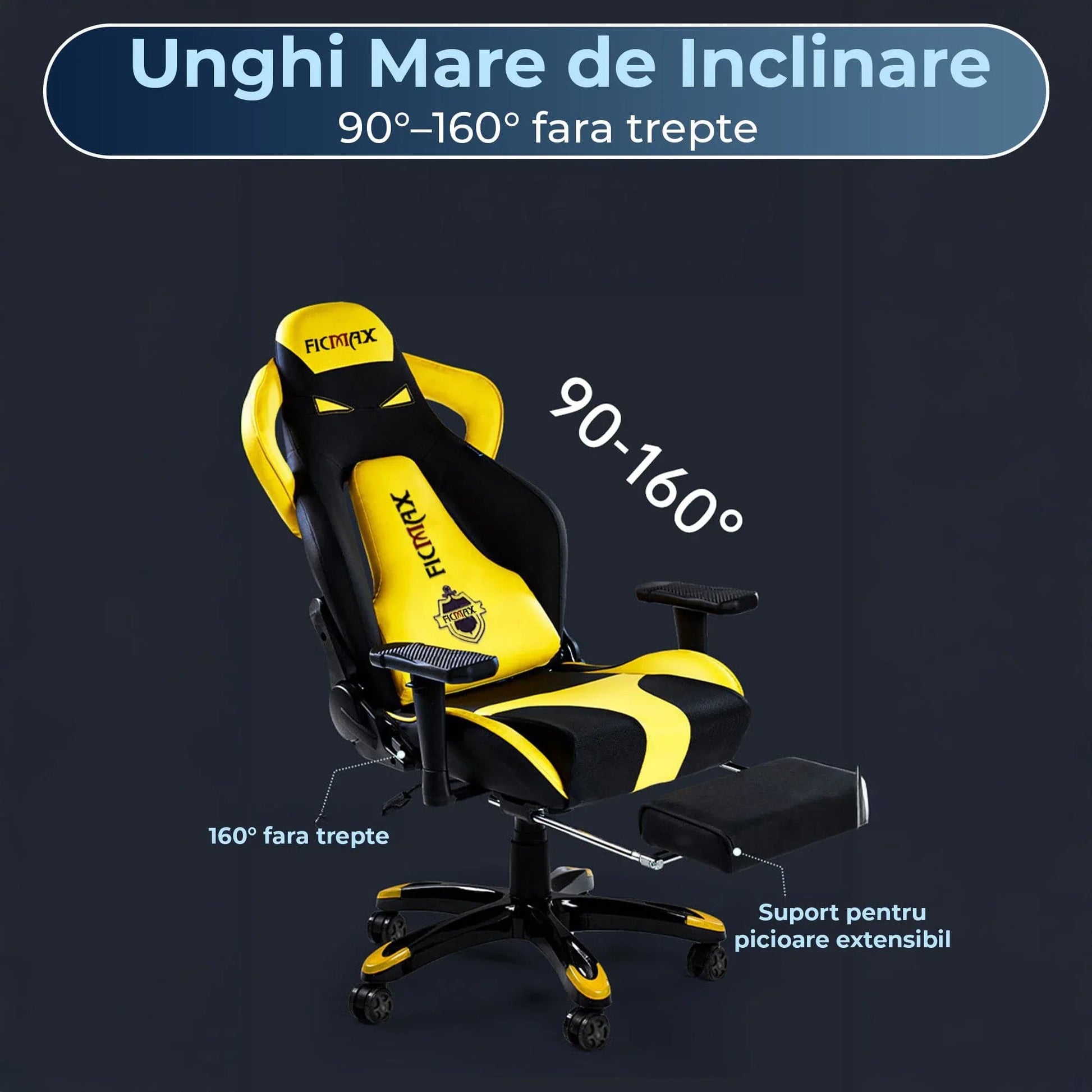 Scaun Gaming Ergonomic – Spatar Inalt, Design Sport, Rotativ 360°, Tapiterie Pet-Friendly, Cadru Metalic Rezistent Suport de Picioare, Galben - 221.ro