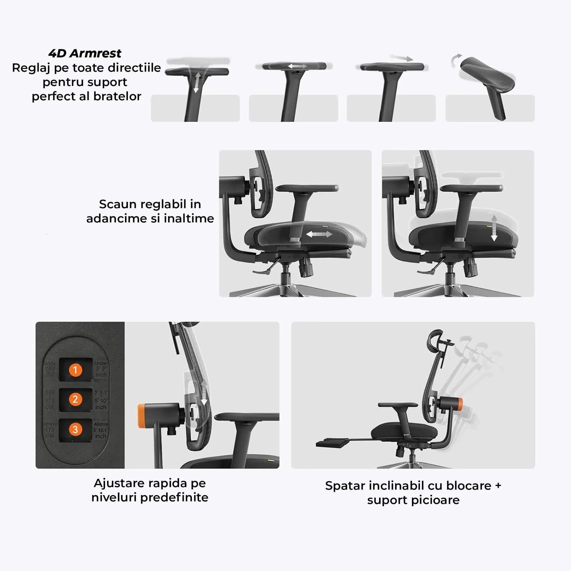 Scaun ergonomic birou 2 in 1, Cu suport picioare, Spatar inclinabil, Tetiera auto-follow, Cotiere 4D, Reglaj inaltime si adancime, Tavita laptop detasabila, Suport pahar, Plasa Mesh, Negru - 221.ro