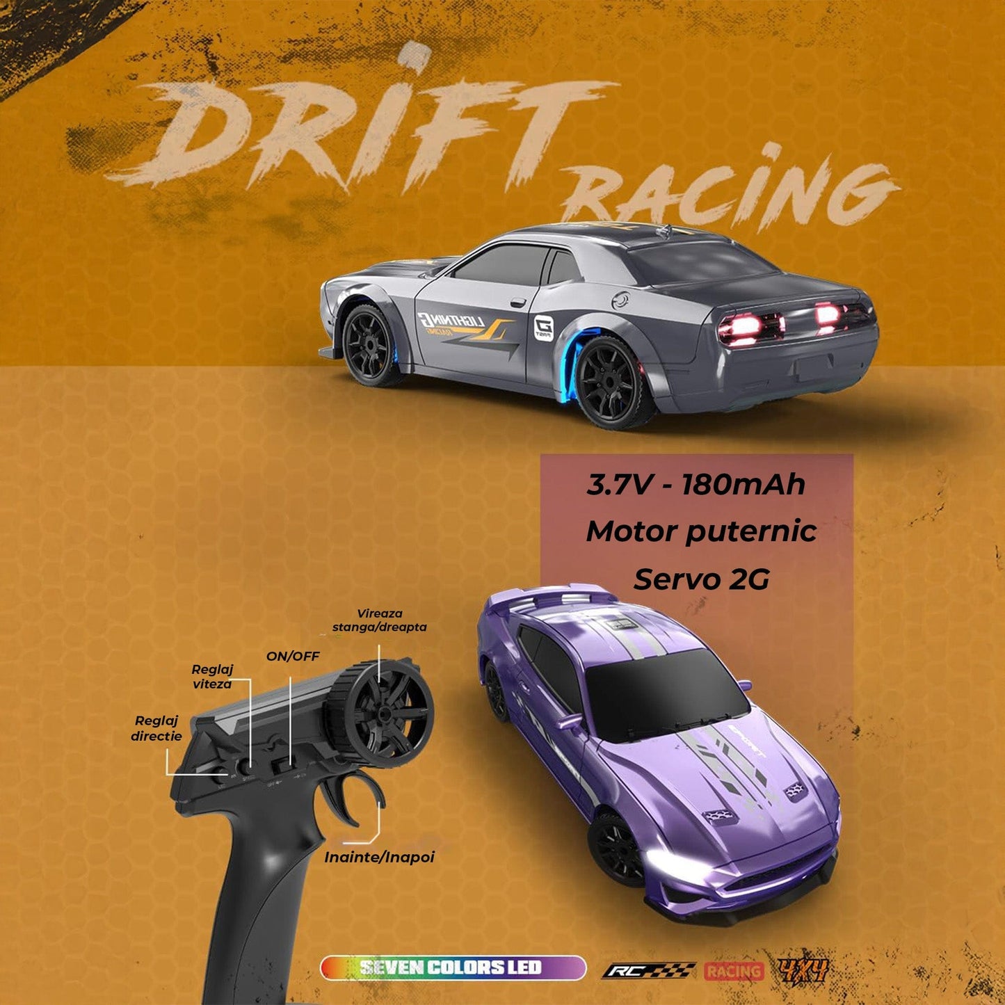 Masina RC Drift 1:43 cu Tractiune Integrala – Masinuta de Curse cu Telecomanda si Control prin Aplicatie, 2,4 GHZ, Efecte Luminoase, Jucarie Interactiva pentru Copii 7+ Ani, Ideala pentru Interior si Exterior, Gri