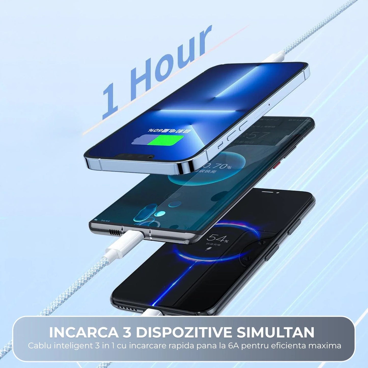 Cablu Date si Incarcare Rapida  Timebox 3 in 1  , PD Fast Charge, 1m, Textil Impletit, Gri