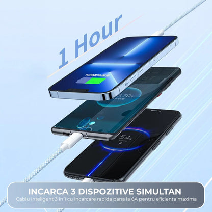Cablu Date si Incarcare Rapida  Timebox 3 in 1  , PD Fast Charge, 1m, Textil Impletit, Gri