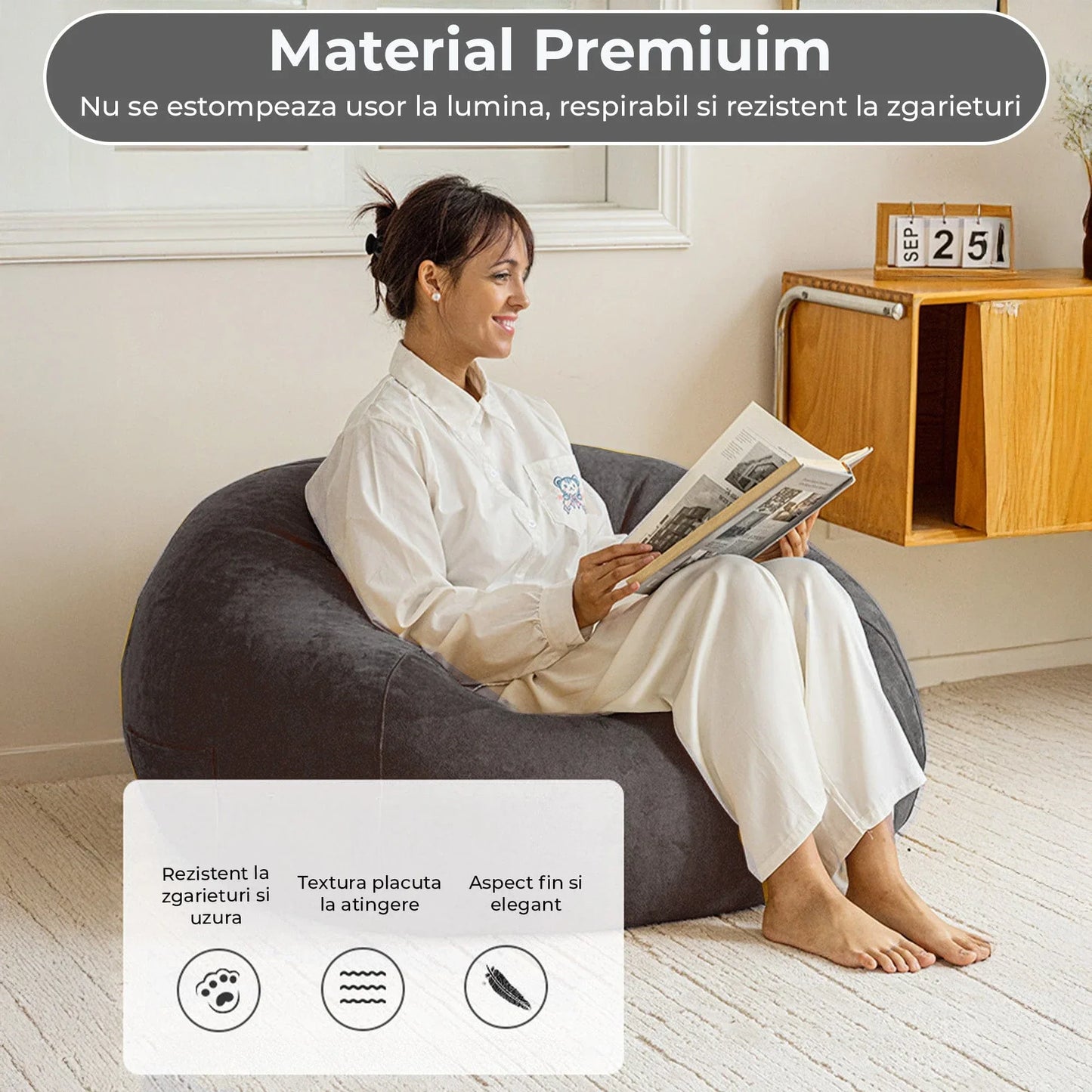 Fotoliu Puf Bean Bag din stofa, Multifunctional pentru living, Gri