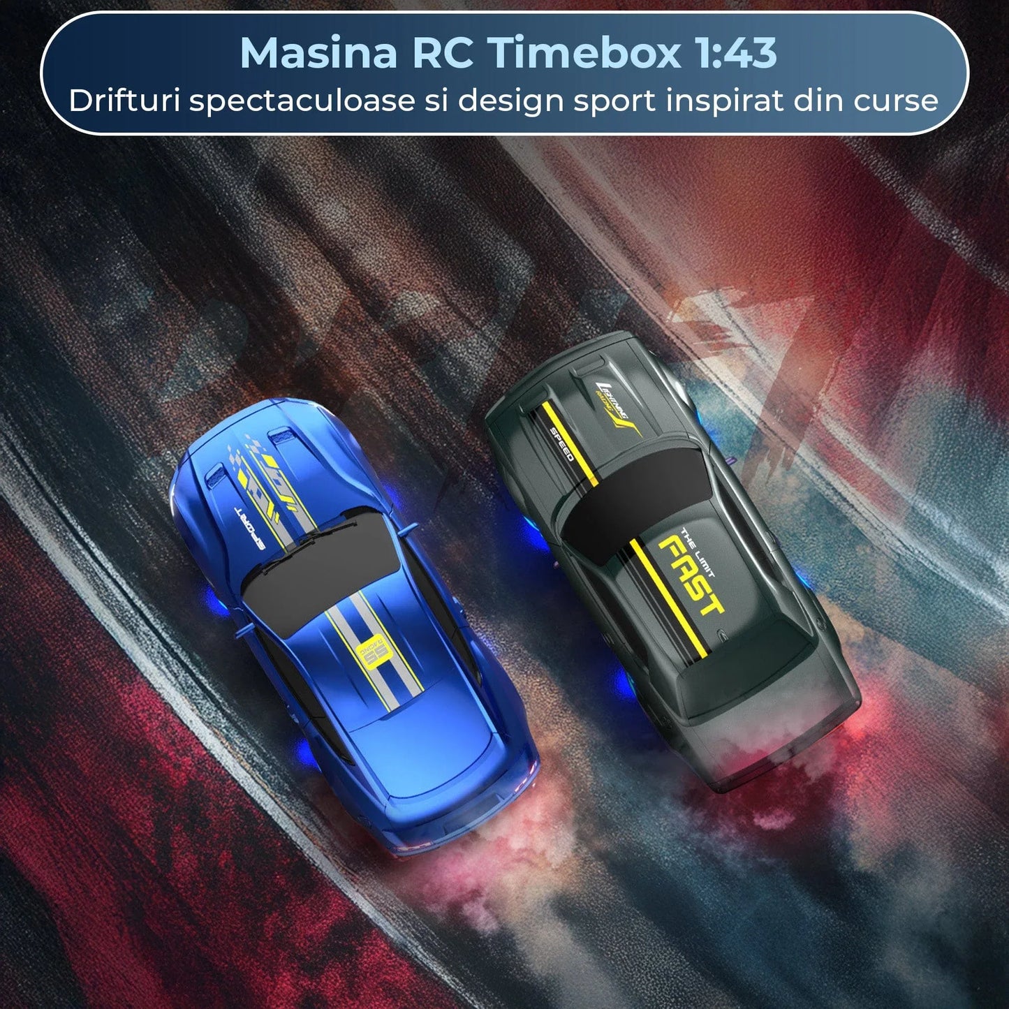 Masina RC Drift 1:43 cu Tractiune Integrala – Masinuta de Curse cu Telecomanda si Control prin Aplicatie, 2,4 GHZ, Efecte Luminoase, Jucarie Interactiva pentru Copii 7+ Ani, Ideala pentru Interior si Exterior, Albastru - 221.ro