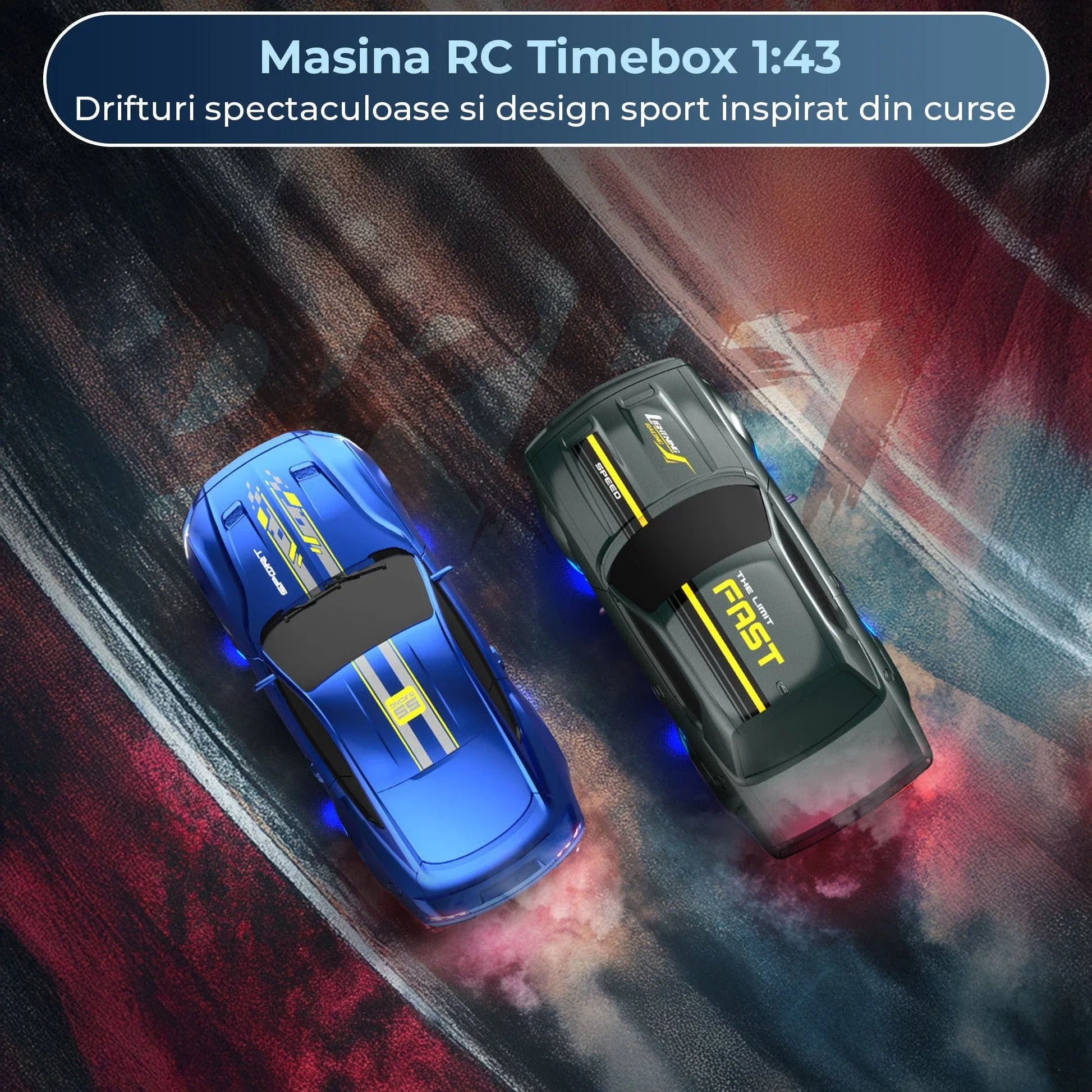 Masina RC Drift 1:43 cu Tractiune Integrala – Masinuta de Curse cu Telecomanda si Control prin Aplicatie, 2,4 GHZ, Efecte Luminoase, Jucarie Interactiva pentru Copii 7+ Ani, Ideala pentru Interior si Exterior, Albastru - 221.ro