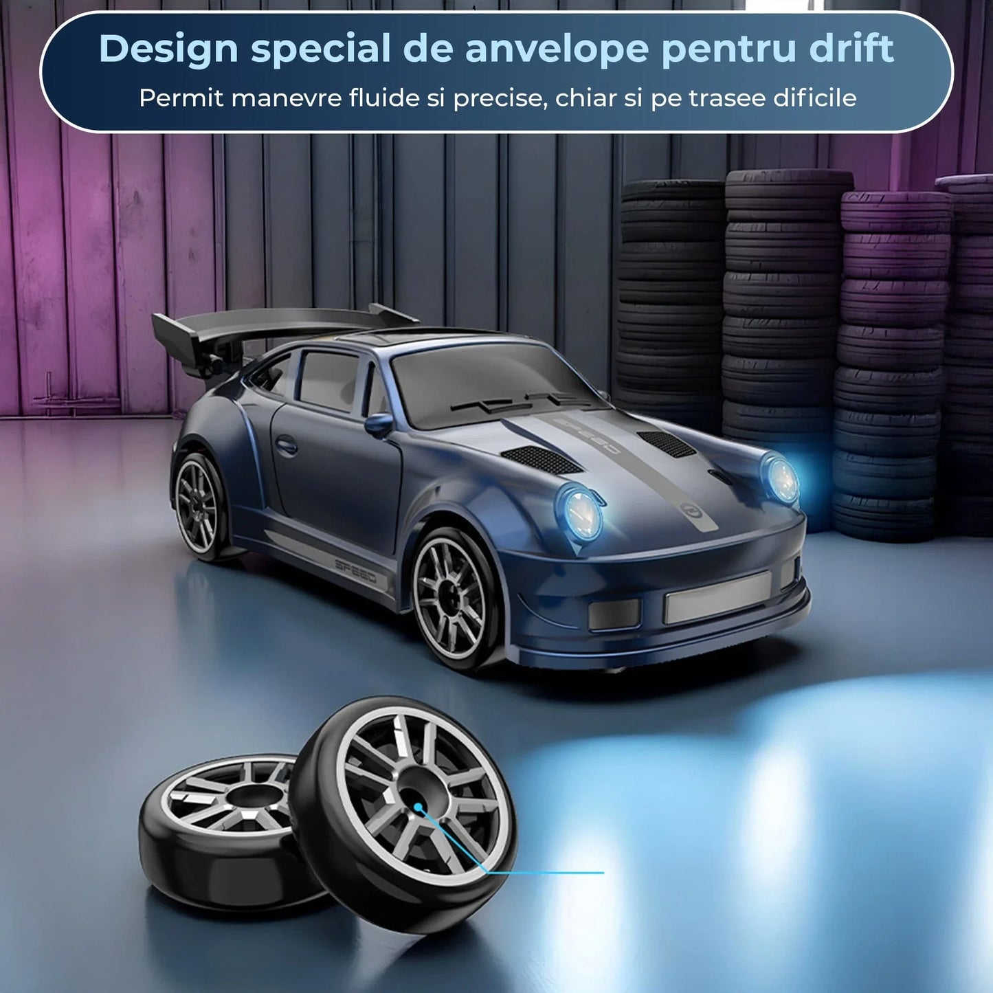 Masina cu telecomanda RC, 1:64 drift car, 4x4 full proportional, Lumini LED, Viteza si drift pe masa, Incarcare USB, Telecomanda 2,4G, Copii 7-14 ani, Albastru inchis - 221.ro