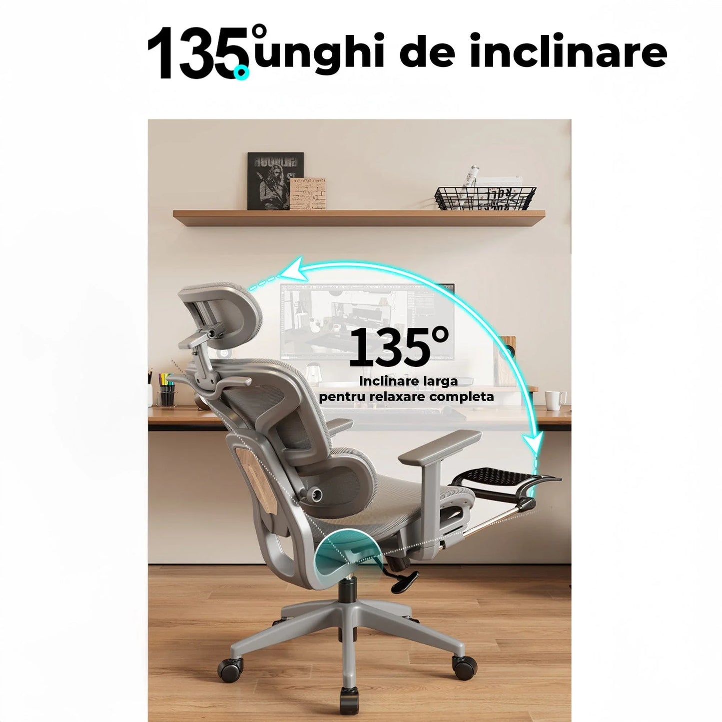 Scaun Ergonomic cu Suport Lombar – Spatar Reglabil si Reclinabil, Plasa Respirabila, Sezut Confortabil, Suport pentru Picioare, Rotativ 360°, Ideal pentru Birou, Gaming sau Studiu, Gri - 221.ro