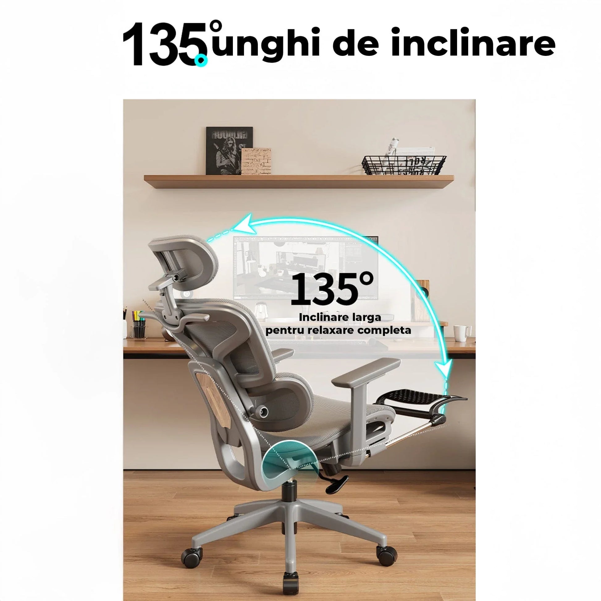 Scaun Ergonomic cu Suport Lombar – Spatar Reglabil si Reclinabil, Plasa Respirabila, Sezut Confortabil, Suport pentru Picioare, Rotativ 360°, Ideal pentru Birou, Gaming sau Studiu, Gri - 221.ro
