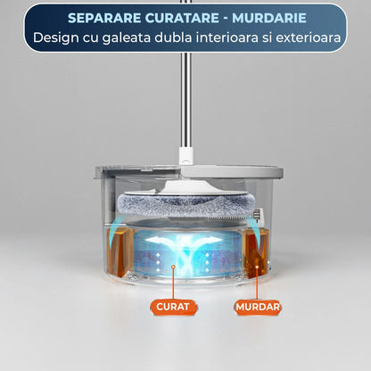 Set Mop Rotativ cu Galeata si Sistem Separat Apa Curata/Murdara, Alb/Gri