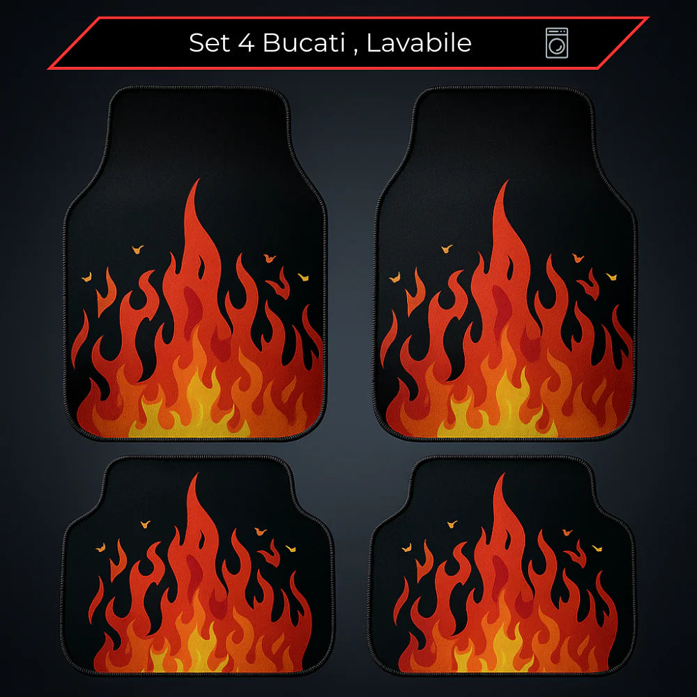 Covorașe auto universale DECOMAT 3D – set 4 bucăți cu imprimeu flăcări, lavabile, antiderapante