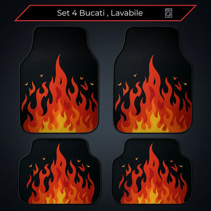 Covorașe auto universale DECOMAT 3D – set 4 bucăți cu imprimeu flăcări, lavabile, antiderapante
