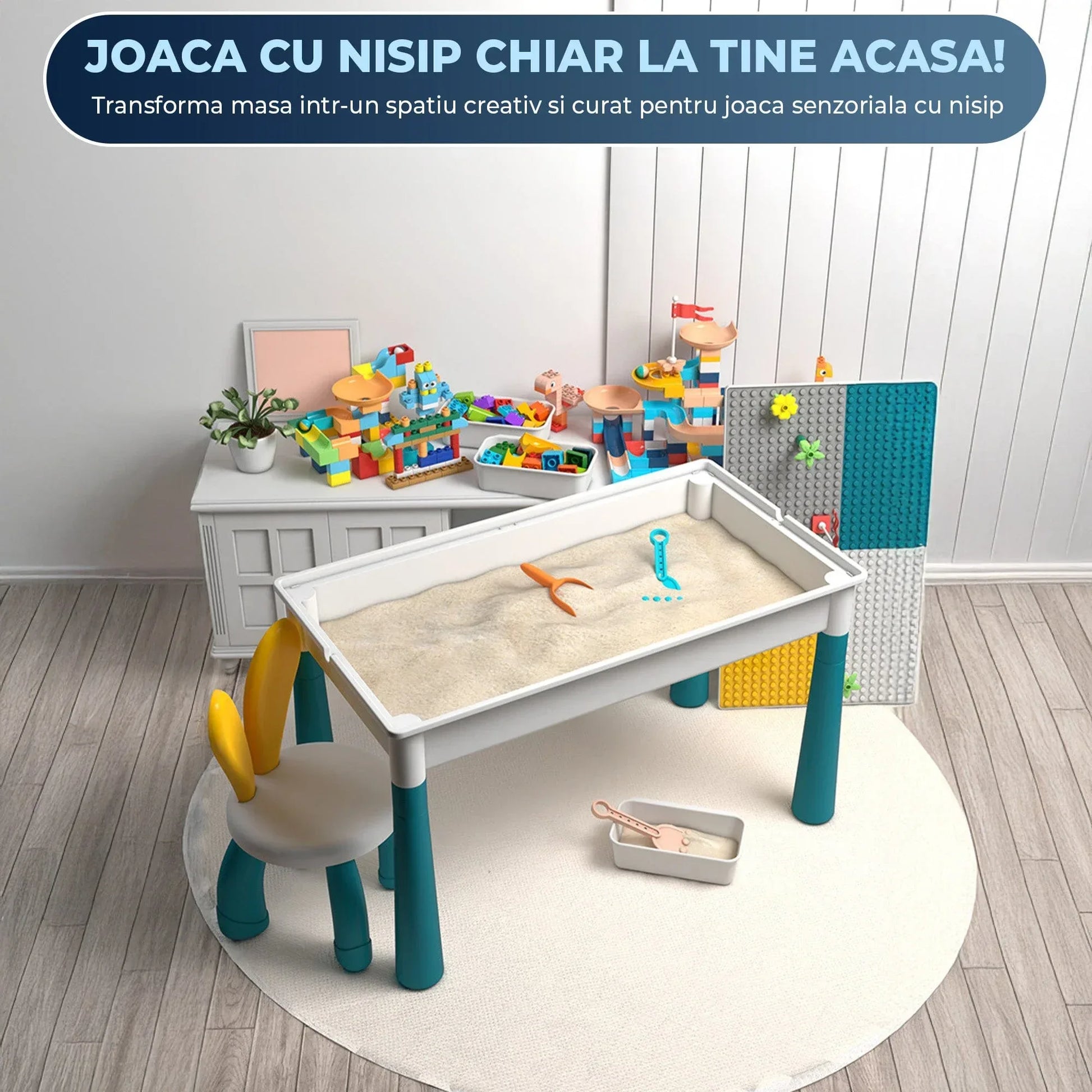 Masa Multifunctionala cu Piese Compatibile Lego Duplo – Set 61x41cm cu 276 Piese, 1 Scaun, Masa de Joaca si Invatare pentru Copii, Ideal pentru Constructii DIY, Interior sau Gradinite - 221.ro