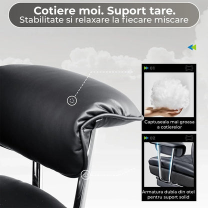 Scaun Office Timebox– Scaun Ergonomic Executiv din Piele cu Spatar Inalt, Suport Lombar cu Arcuri, Reclinabil 135°, Suport pentru Picioare si Cotiere Fixe, Confortabil, Cadru Metalic, Sustine Pana la 136 kg, Negru - 221.ro