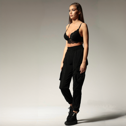 Pantaloni dama negri cu buzunare aplicate Cargo