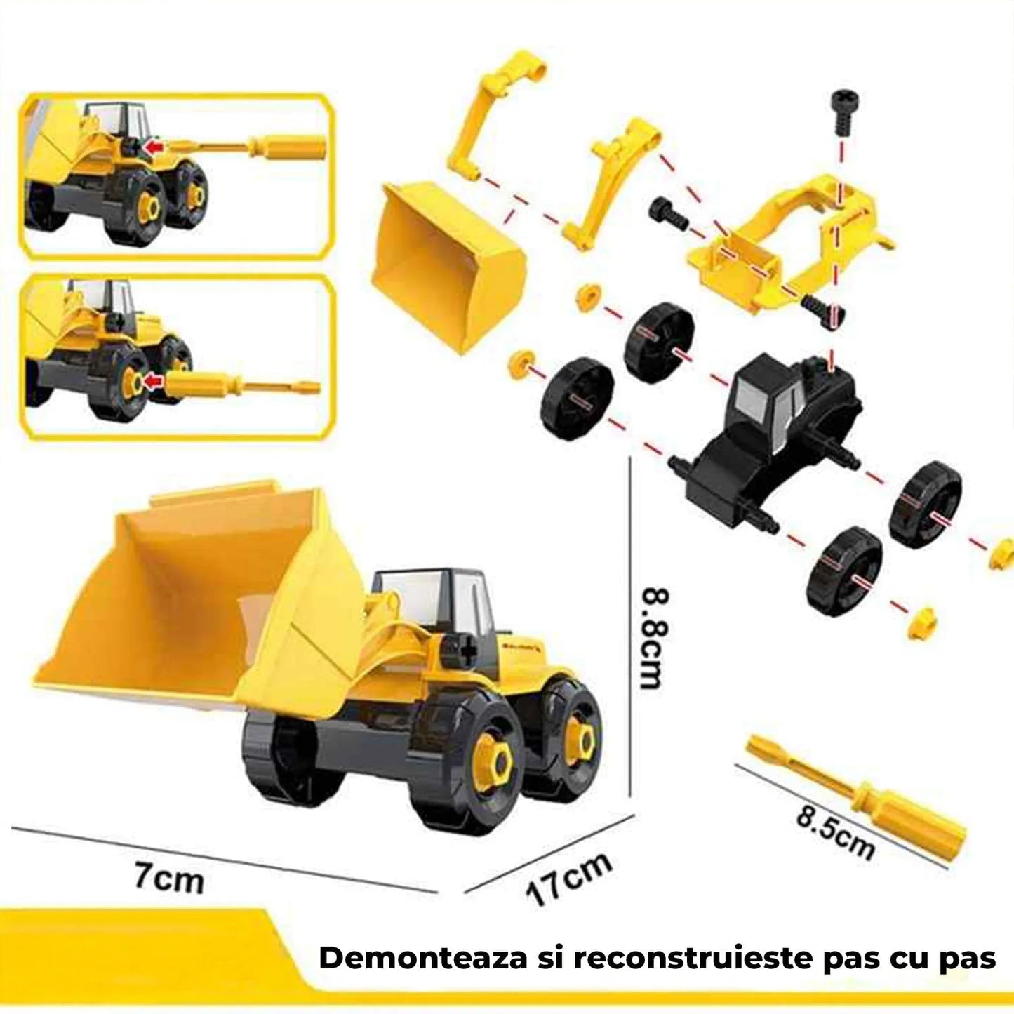 Set 6 in 1 Masini de Jucarie Timebox, Demontabile Buldozer, Betoniera, Galben