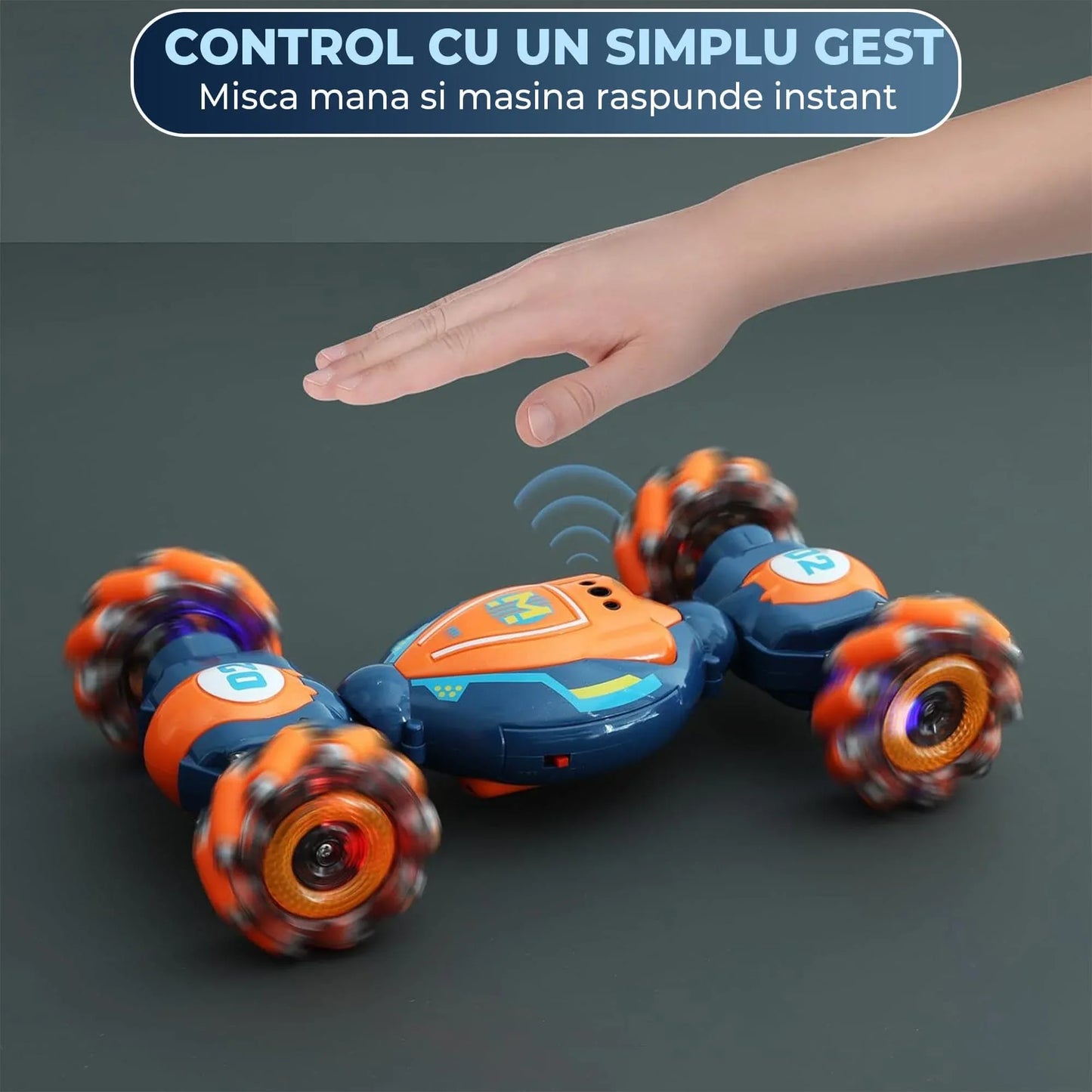 Masina cu Telecomanda RC Stunt Acrobatii Timebox, Rotire 360°, Control prin Gesturi, 4WD Off Road, Lumini si Sunete, baterie tip acumulator reincarcabila, Drift Lateral 2,4Ghz Jucarie Cadou pentru Copii 6-12 Ani, Portocaliu/Albastru - 221.ro