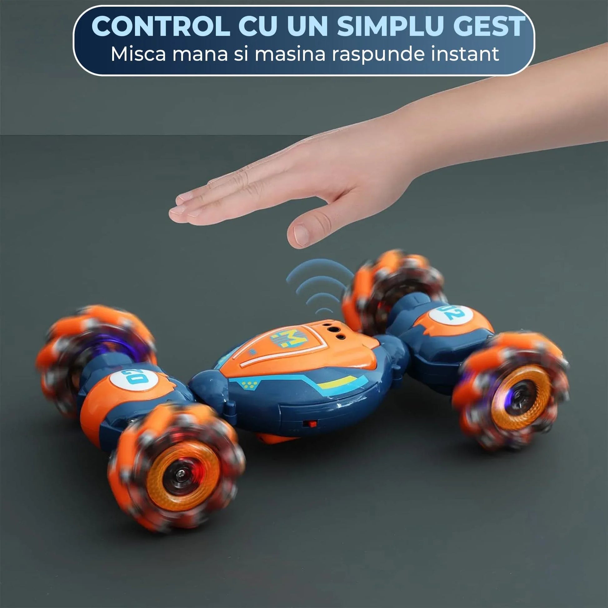 Masina cu Telecomanda RC Stunt Acrobatii Timebox, Rotire 360°, Control prin Gesturi, 4WD Off Road, Lumini si Sunete, baterie tip acumulator reincarcabila, Drift Lateral 2,4Ghz Jucarie Cadou pentru Copii 6-12 Ani, Portocaliu/Albastru - 221.ro