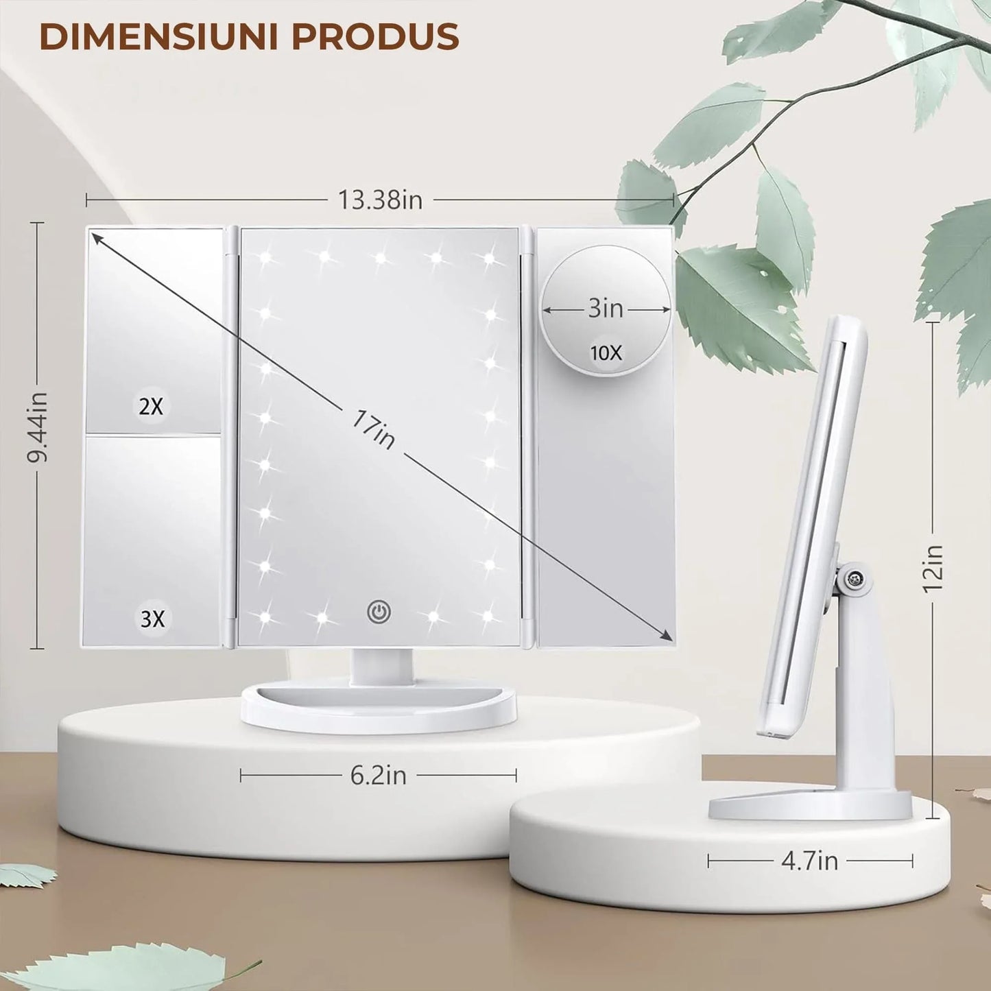 Oglinda Cosmetica cu Iluminare LED, 2X, 3X si 10X Marire, Alimentare USB sau Baterii