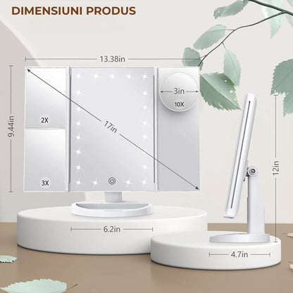 Oglinda Cosmetica cu Iluminare LED, 2X, 3X si 10X Marire, Alimentare USB sau Baterii