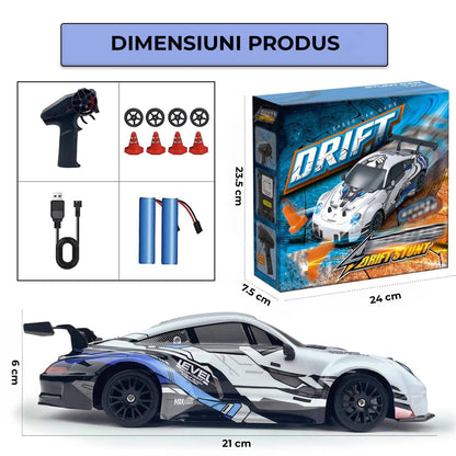 Masina RC cu Telecomanda Timebox, Drift Car 1:24, 4WD, 20km/h, LED-uri, Anvelope Inter-schimbabile, Baterie tip acumulator reincarcabila, Design Sportiv, Jucarie Cadou Ideal pentru Copii si Adulti +7 ani, Gri