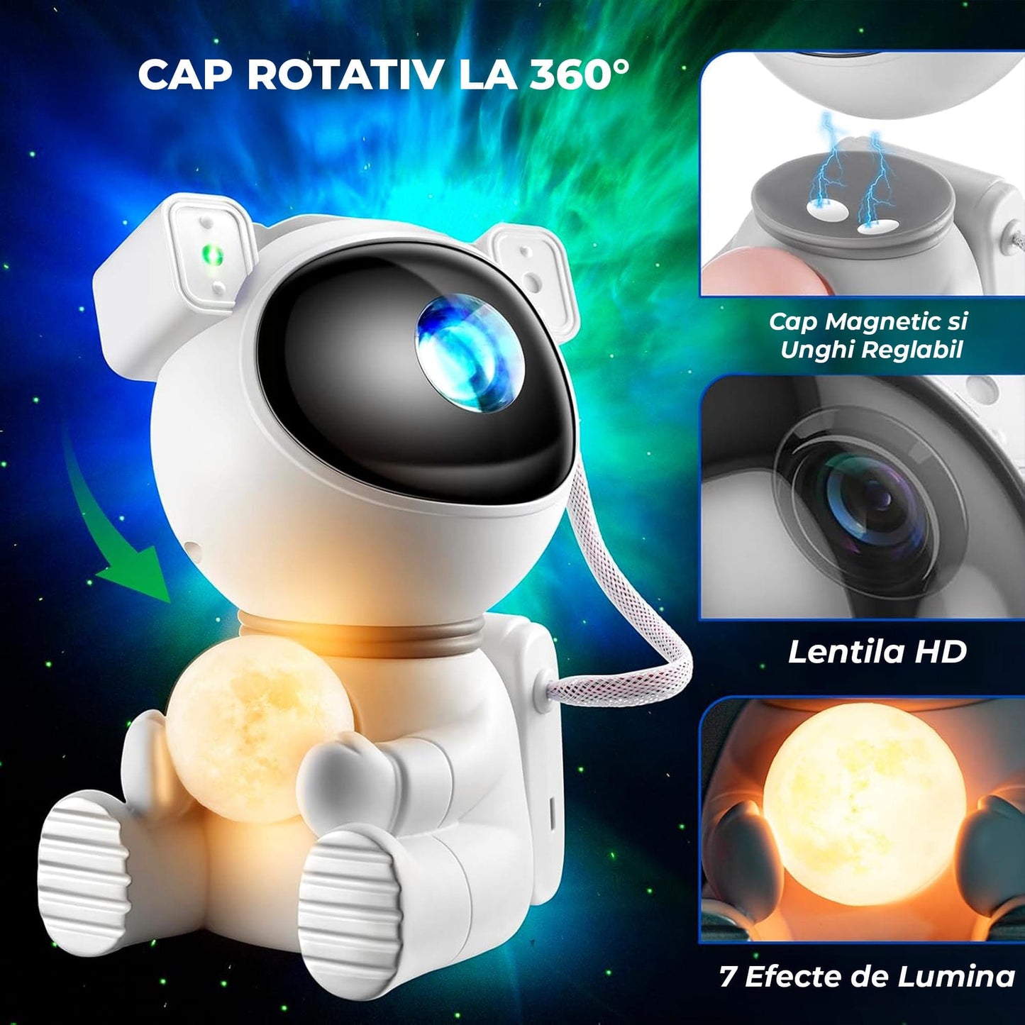 Lampa tip Proiector Model Astronaut Timebox 2 in 1 cu 8 Culori de Nebuloasa, 7 Culori de Luna, Cap Rotativ 360°, Telecomanda si Timer Auto-Off, Ideal pentru Dormitoare, Camere de Jocuri si Petreceri