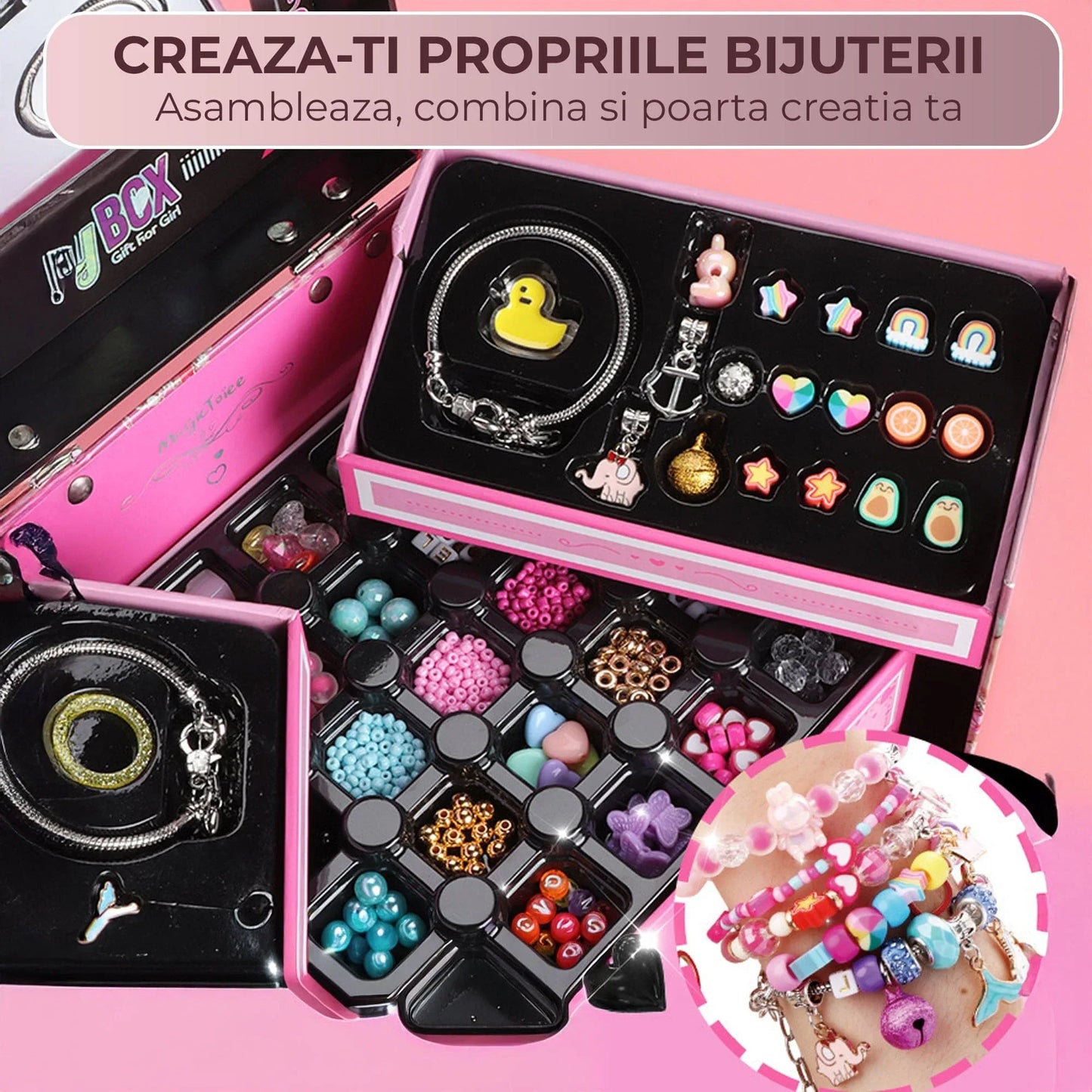 Set DIY bijuterii pentru fete 4, 6 ani, 520 de piese, Roz