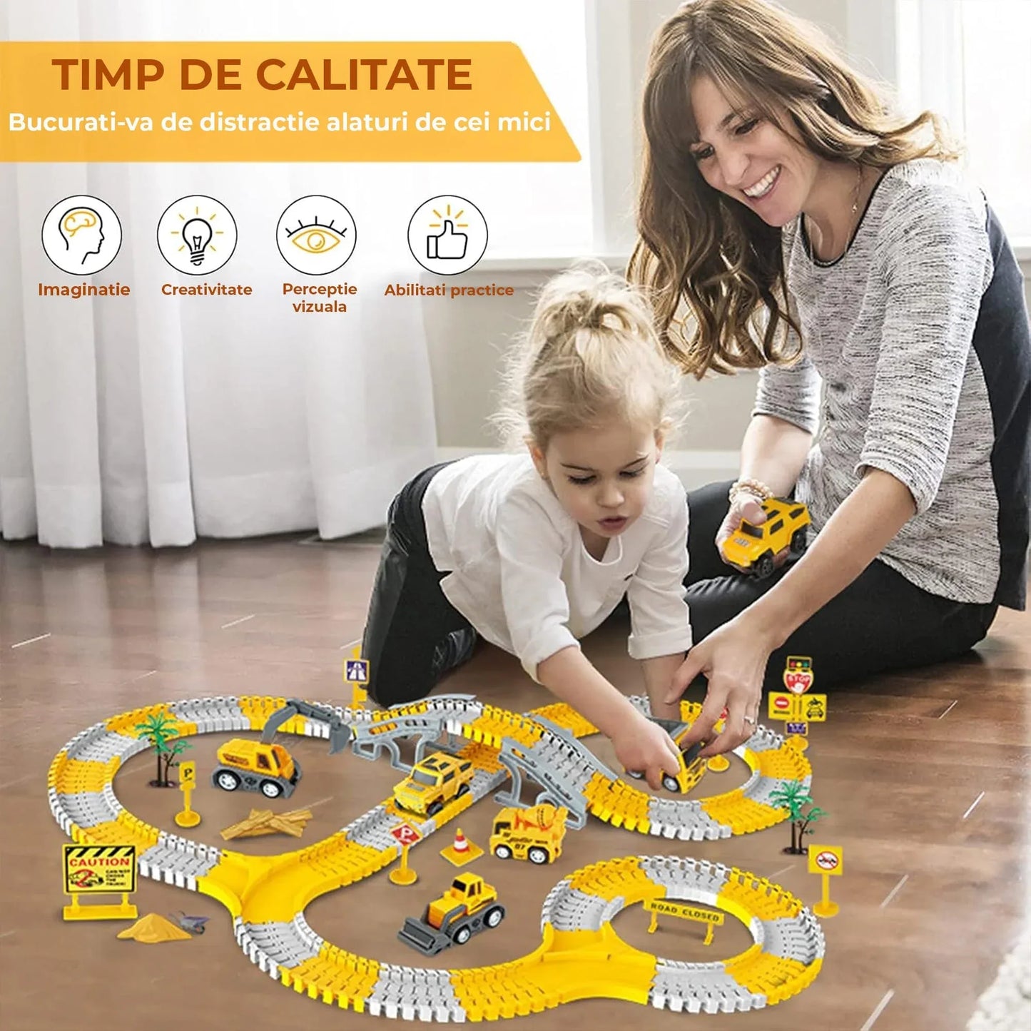 Set Pista de Curse si Constructii 260 Piese, 2 Masinute Electrice