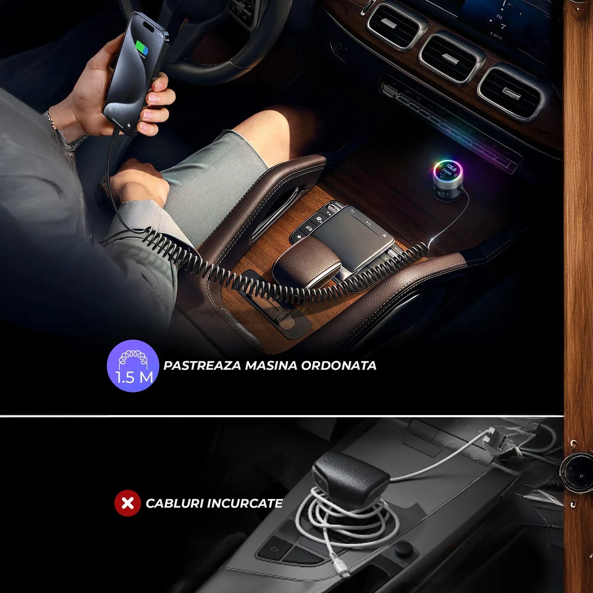 Incarcator auto Timebox, Super Fast-Charge 60W, 1 x USB QC 3,0, 1 x USB-C, 1 x Cablu Type-C, Afisaj Display, Compatibil iPhone 15, Samsung, Huawei, Negru - 221.ro