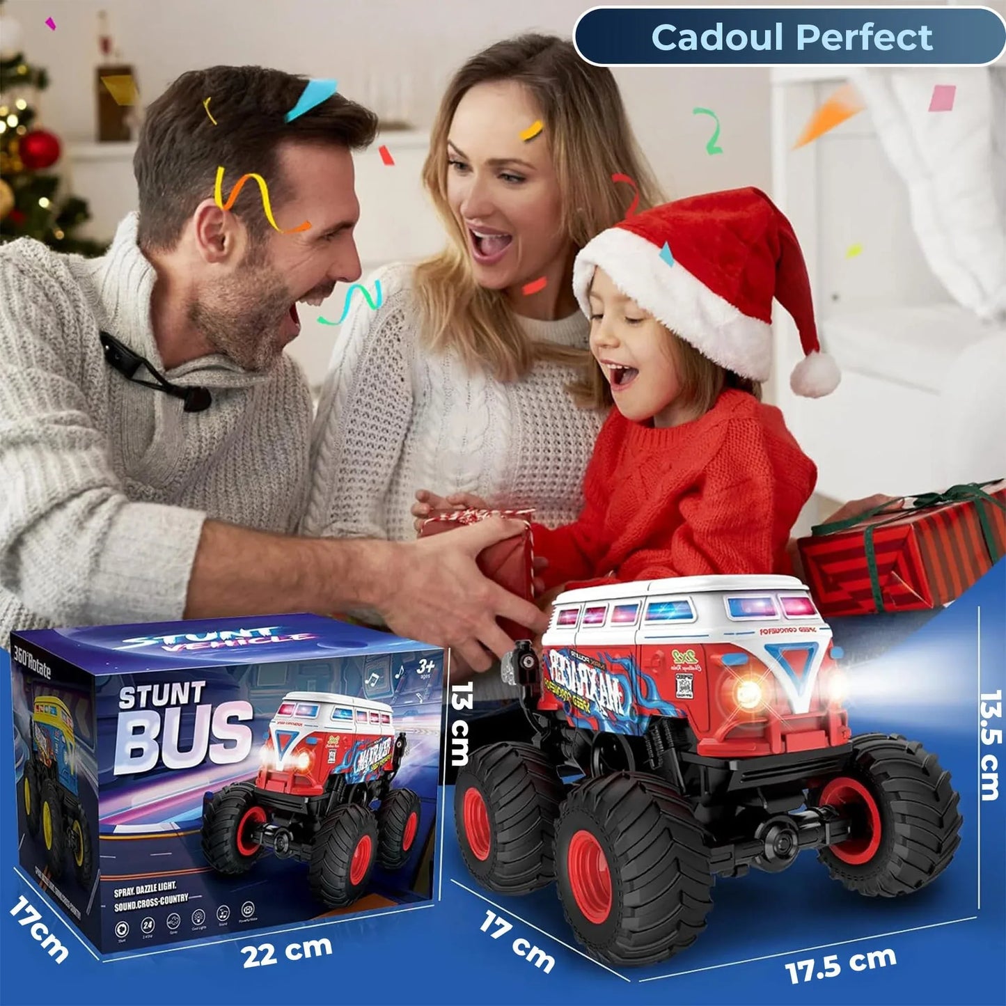 Masina cu Telecomanda Timebox Tip Autobuz Scolar, Scara 1:20, 4x4, Drift 360°, Flip 90°, Efect Spray, LED-uri, Muzica si o Baterie tip acumulator reincarcabila, Jucarie Cadou pentru Copii 3+ Ani, Rosu - 221.ro