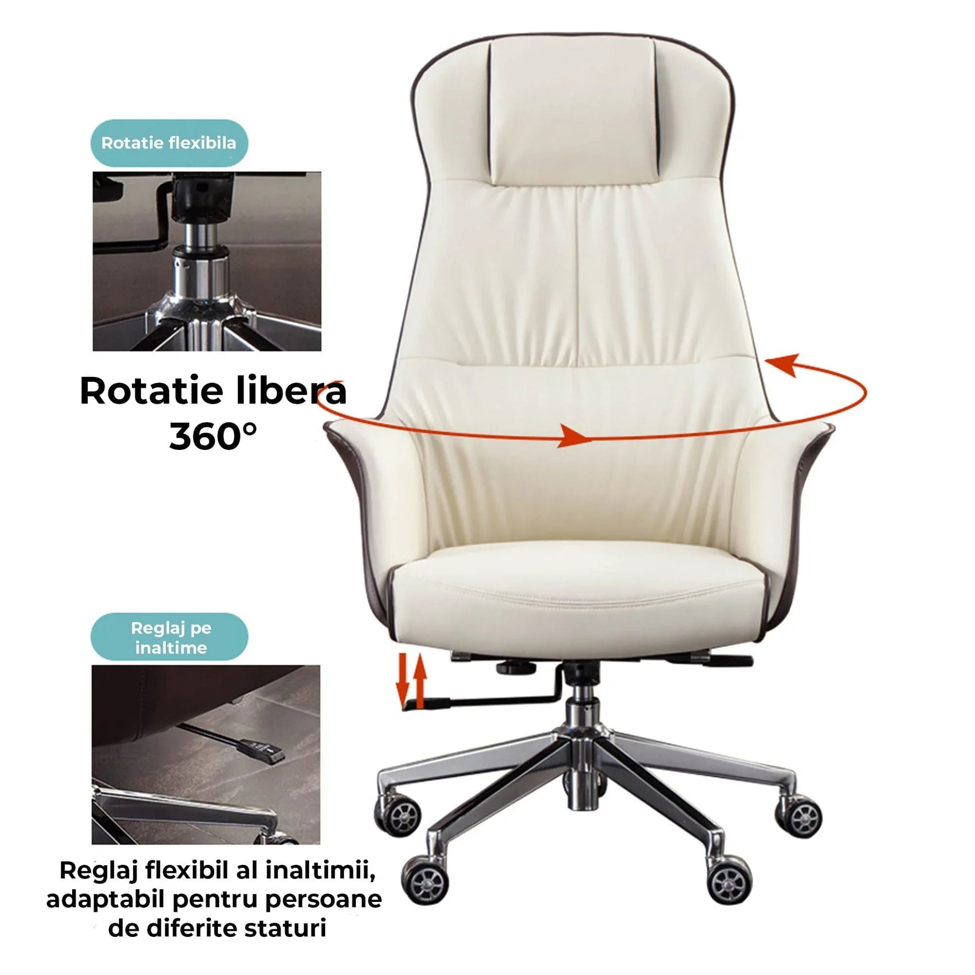 Scaun Directorial Din Piele Naturala pentru Birou Timebox, Reglabil pe Inaltime, Rotativ, Cadru din Lemn si Spuma cu Densitate Mare, Design Modern si Confort Sporit pentru Utilizare Indelungata, Alb/Maro - 221.ro