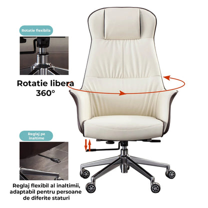 Scaun Directorial Din Piele Naturala pentru Birou Timebox, Reglabil pe Inaltime, Rotativ, Cadru din Lemn si Spuma cu Densitate Mare, Design Modern si Confort Sporit pentru Utilizare Indelungata, Alb/Maro - 221.ro