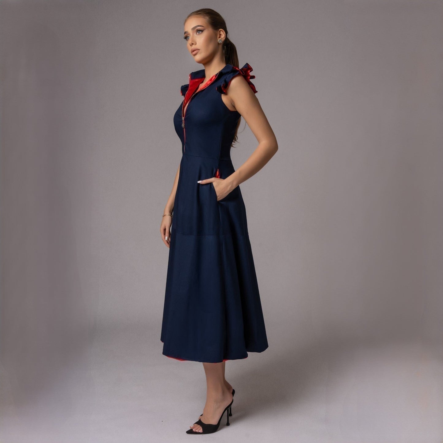 Rochie midi bleumarin din poplin Aime