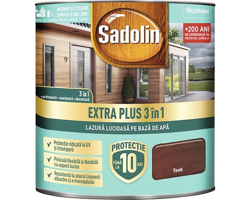 Lazură 3 în 1 lucioasă pe bază de apă, Sadolin extra plus, Teak, 2.5L / 5738862