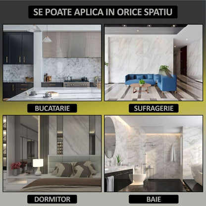 Set 6 panouri decorative autoadezive cu folie de aluminiu, efect marmura,  suprafata acoperita 1.08 m², Naimeed D7131, 60x30 cm, Crem