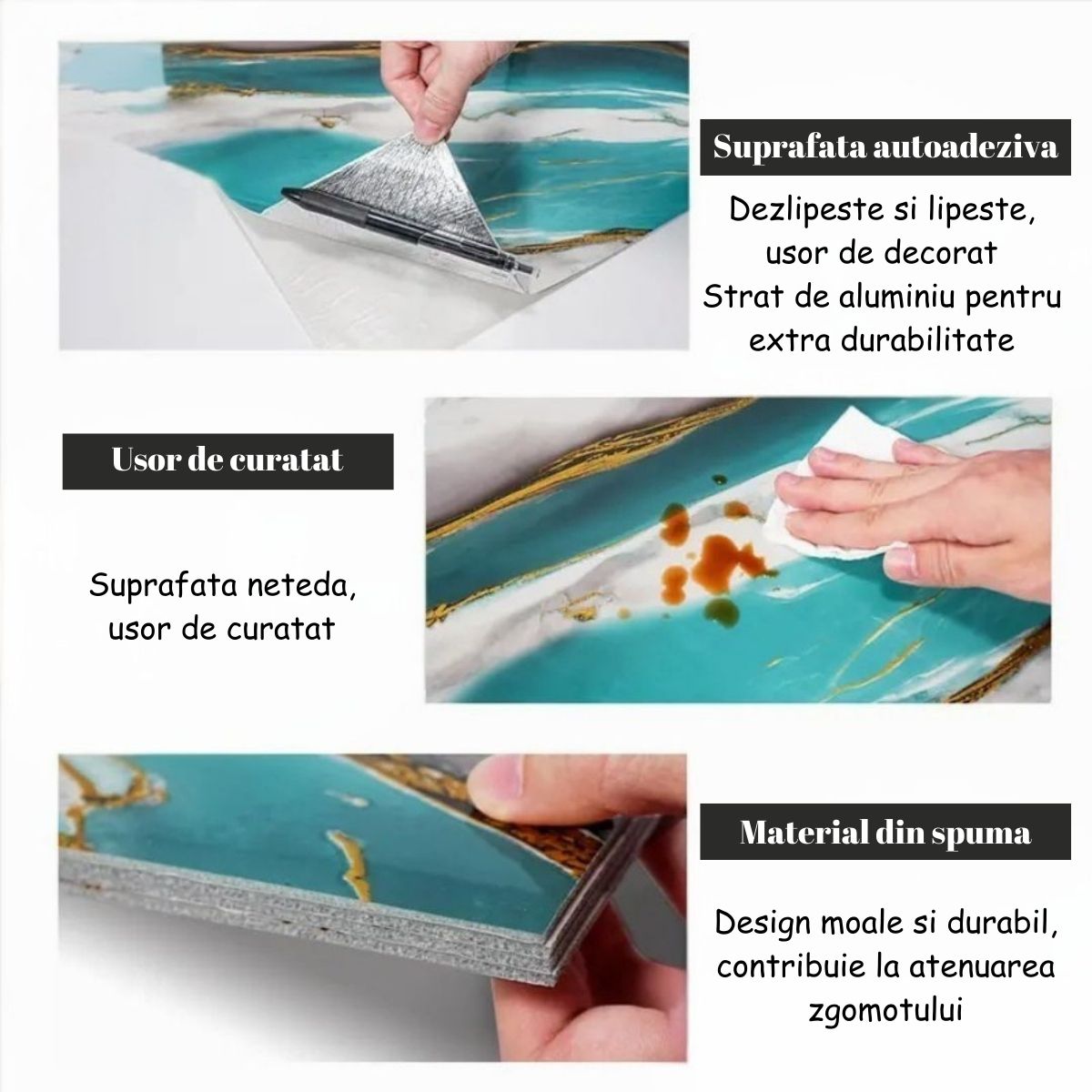 Set 6 panouri decorative autoadezive cu folie de aluminiu, efect marmura,  suprafata acoperita 1.08 m², Naimeed D7123, 60x30 cm, Gri deschis