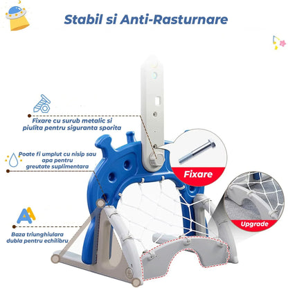 Set Jucărie Interactivă 3 în 1 pentru Copii, Cos Baschet, Poarta Fotbal, Inele, Albastru