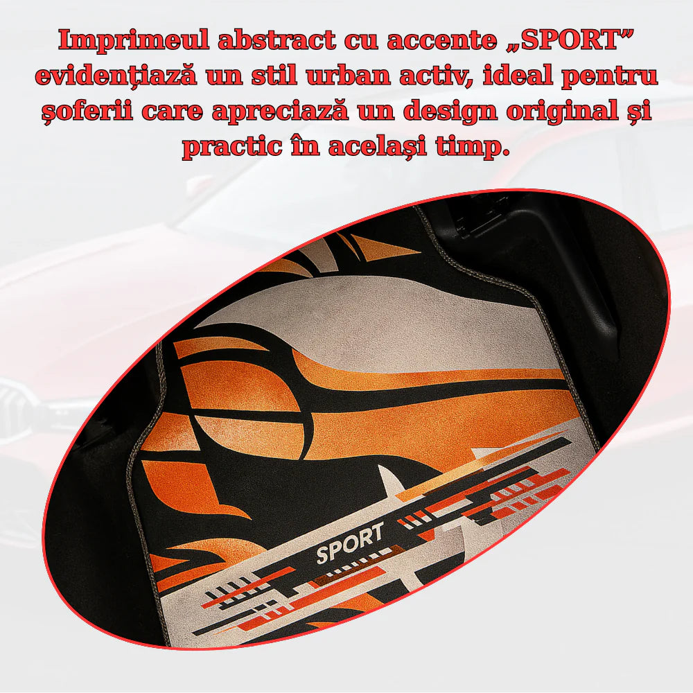 Covorașe auto universale DECOMAT – set 4 bucăți lavabile, antiderapante, cu imprimeu sport „Urban Velocity”