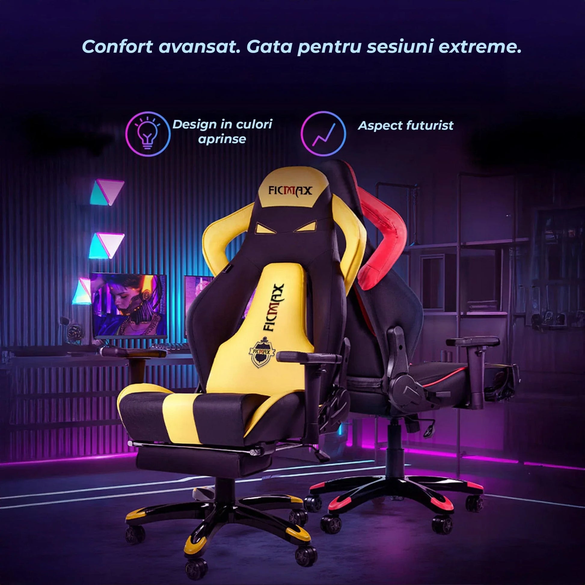 Scaun Gaming Ergonomic – Spatar Inalt, Design Sport, Rotativ 360°, Tapiterie Pet-Friendly, Cadru Metalic Rezistent Suport de Picioare, Galben - 221.ro