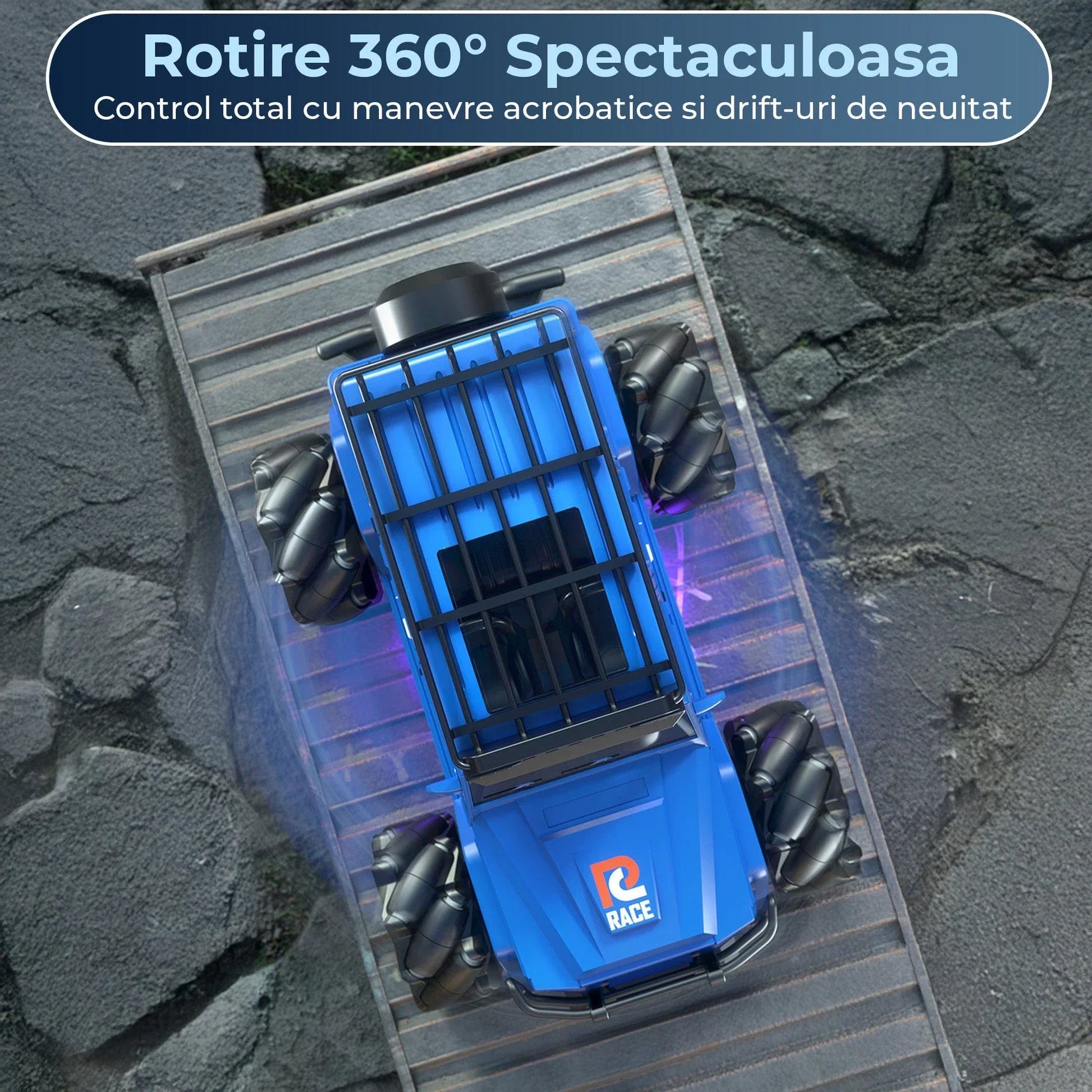 Masina cu telecomanda RC Timebox, 2,4G, 4x4 off-road, Gesturi + Telecomanda dubla, Drift lateral, Cascadorii, Sasiu aliaj rezistent, Lumini LED, Incarcare USB, 7-14 ani, Albastru - 221.ro