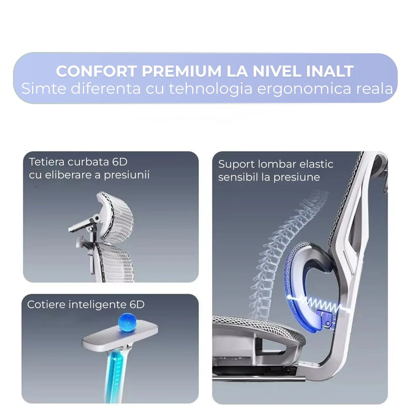 Scaun birou ergonomic Timebox, Plasa mesh respirabil, Tetiera, 4D armrest, Reglaj inaltime si adancime sezut, Suport picioare rabatabil, Spatar cu suport lombar ajustabil, Rotativ cu roti, Gri - 221.ro