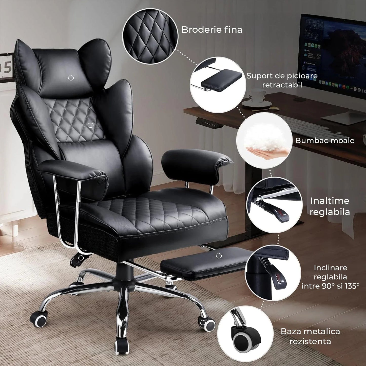 Scaun Office Timebox– Scaun Ergonomic Executiv din Piele cu Spatar Inalt, Suport Lombar cu Arcuri, Reclinabil 135°, Suport pentru Picioare si Cotiere Fixe, Confortabil, Cadru Metalic, Sustine Pana la 136 kg, Negru - 221.ro