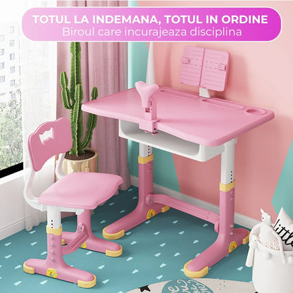 Set Birou Copii + Scaun, Reglabil 6-18 ani, Blat 70x45 cm, Inclinare ergonomica, Suport carte, Lampa LED, Sertar, Colturi rotunjite, Roz - 221.ro