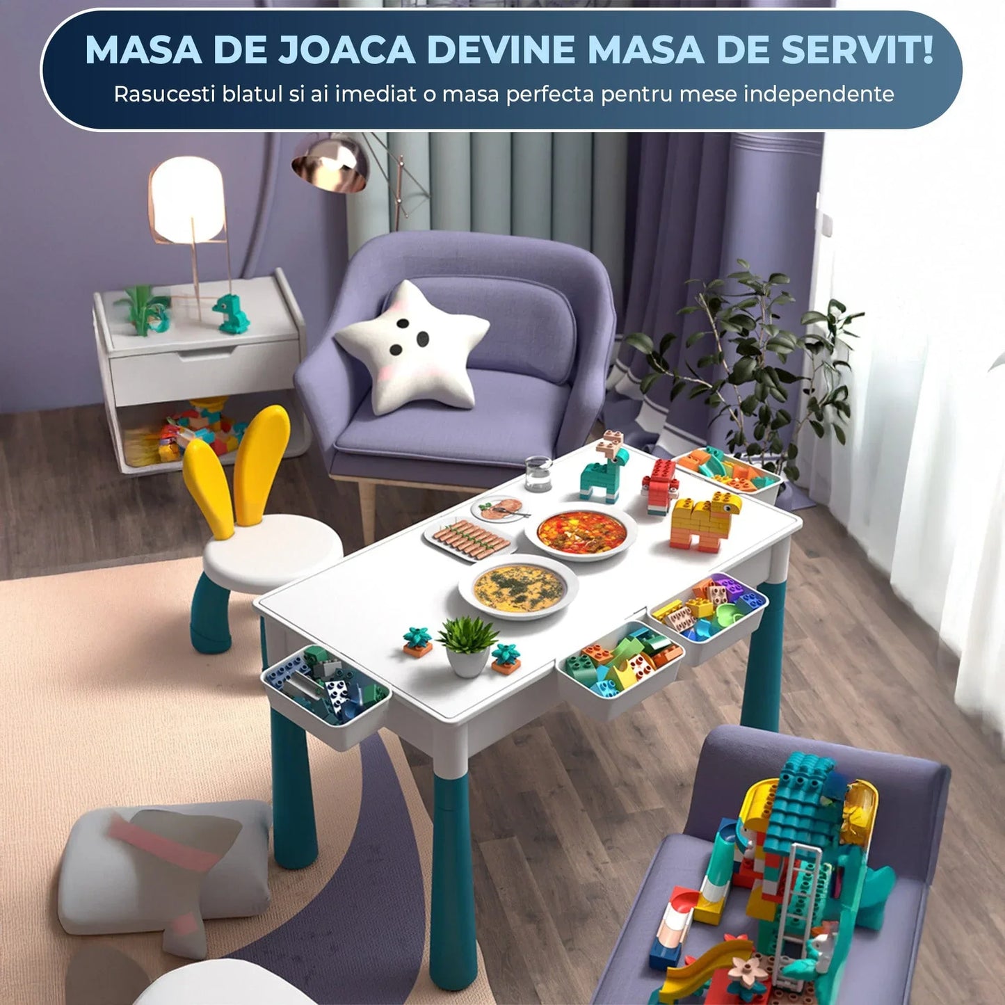 Masa Multifunctionala cu Piese Compatibile Lego Duplo – Set 61x41cm cu 276 Piese, 1 Scaun, Masa de Joaca si Invatare pentru Copii, Ideal pentru Constructii DIY, Interior sau Gradinite - 221.ro