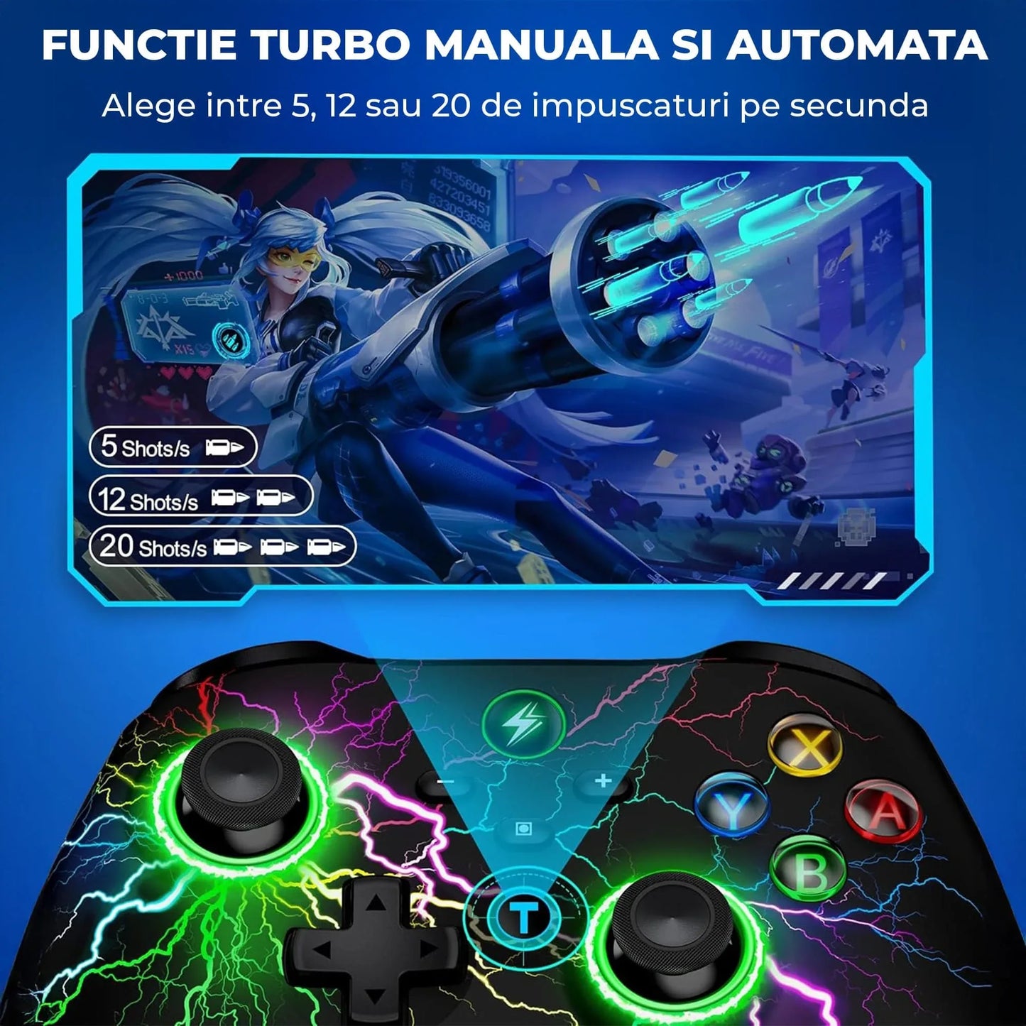Controller Wireless Timebox, RGB, LED 9 Culori, Turbo Ajustabil, Vibratii, Negru
