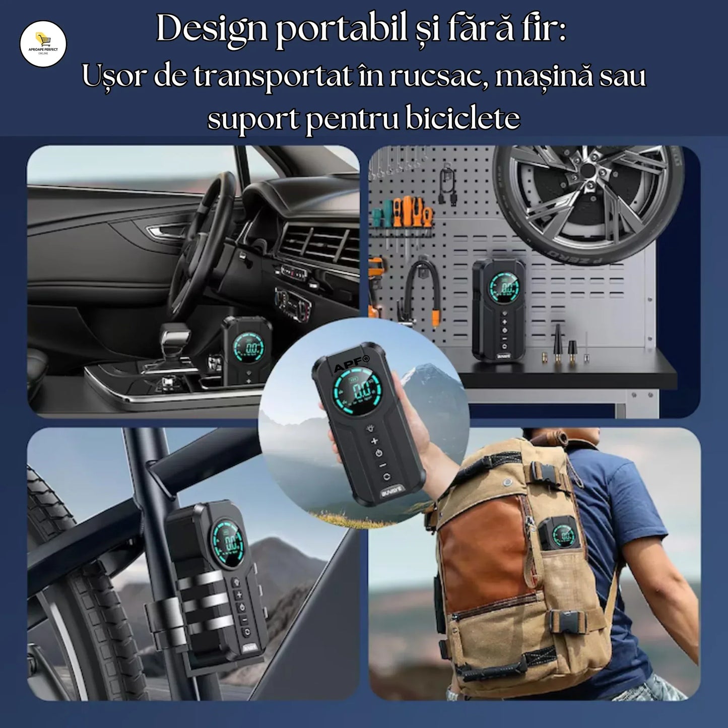 Starter/Compresor Auto Portabil APF® 150PSI, Baterie 6000mAh, Afișaj Digital LED, Lumini SOS, Fără Fir, USB-C