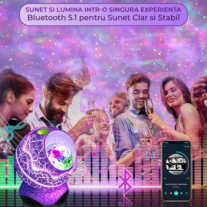 Lampa de Noapte tip Proiector Galaxie Timebox, Proiectii Stele 14 Culori pentru Dormitor, 10 Sunete Albe, Boxa Bluetooth 5,1 integrata, Timer si Telecomanda, Control Vocal, Alb