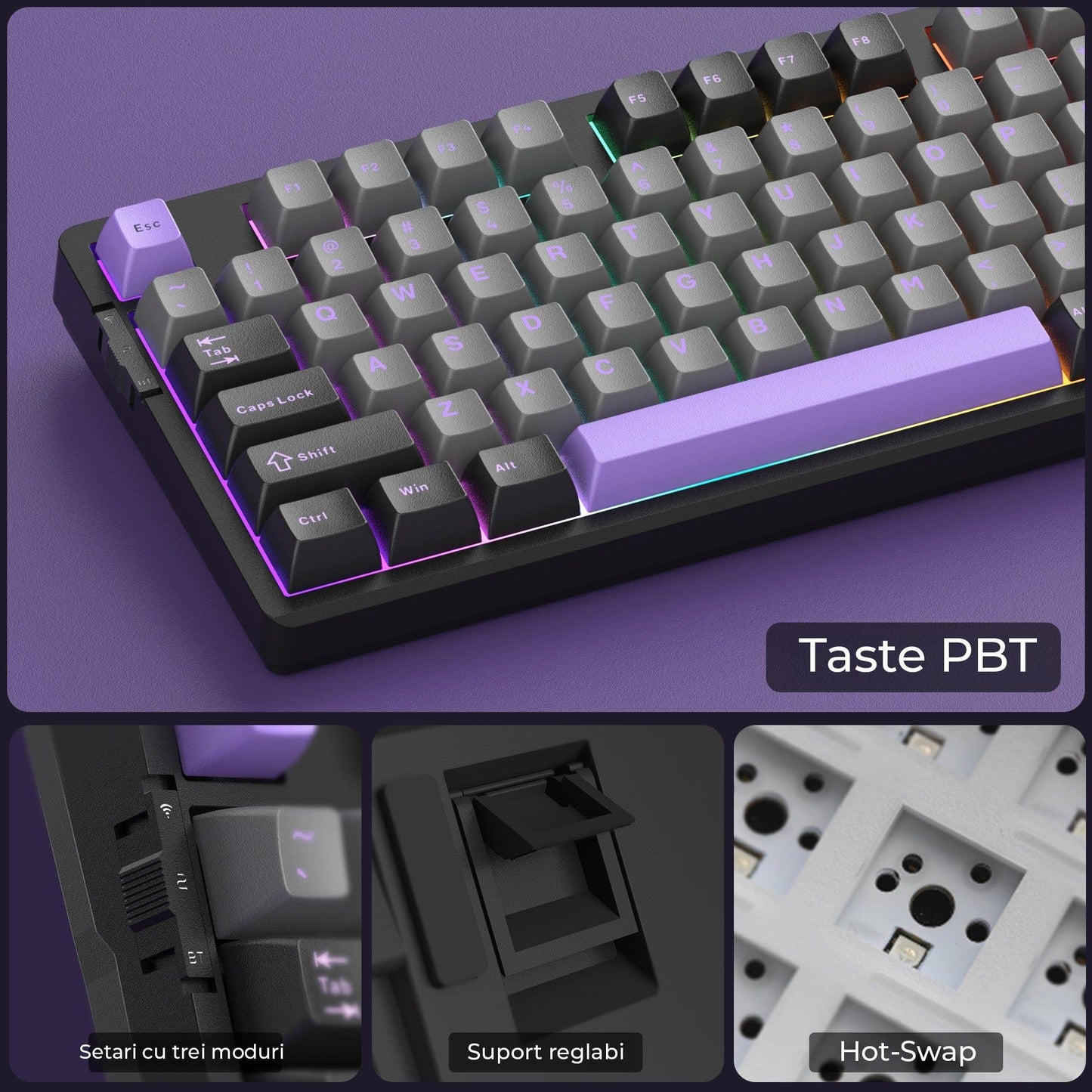 Tastatura Mecanica Gaming Timebox, 80%, Hot-Swap, Wireless, Gasket, Mov