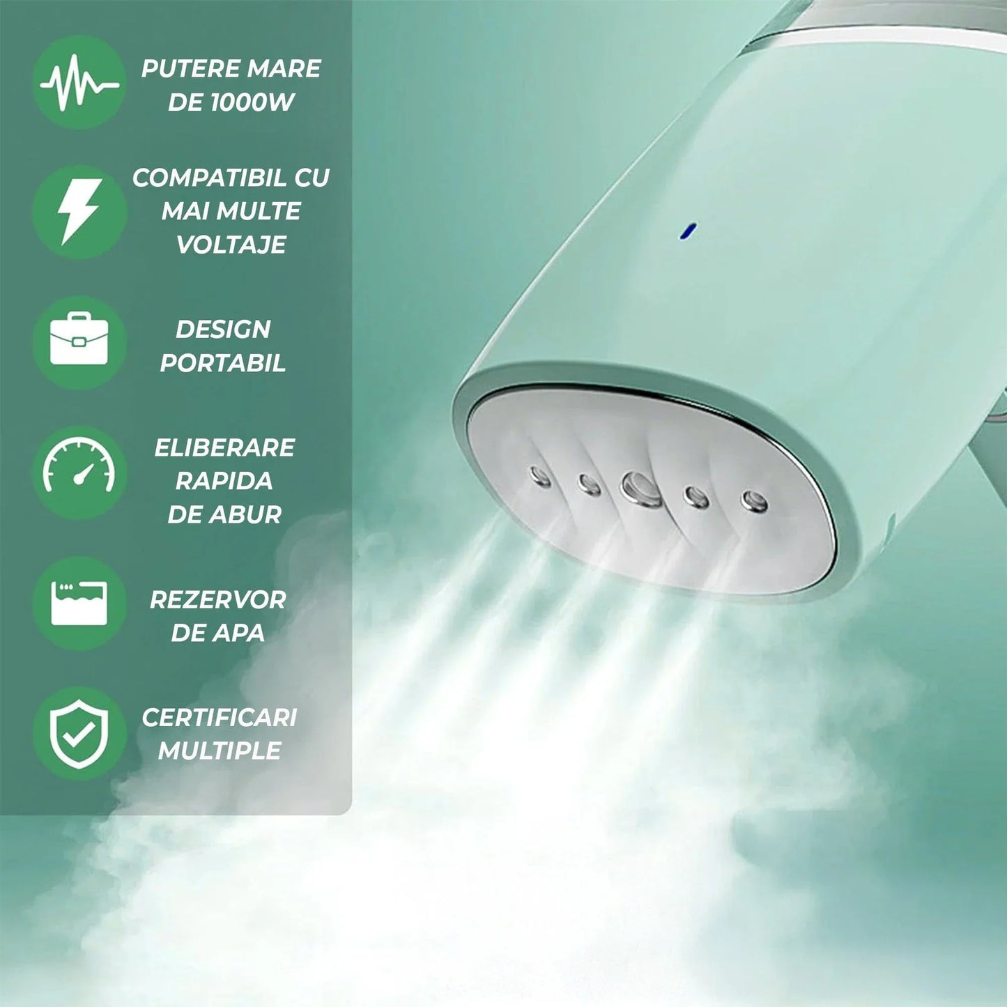 Steamer de Haine Portabil, 1000W, Compact si Pliabil, Verde